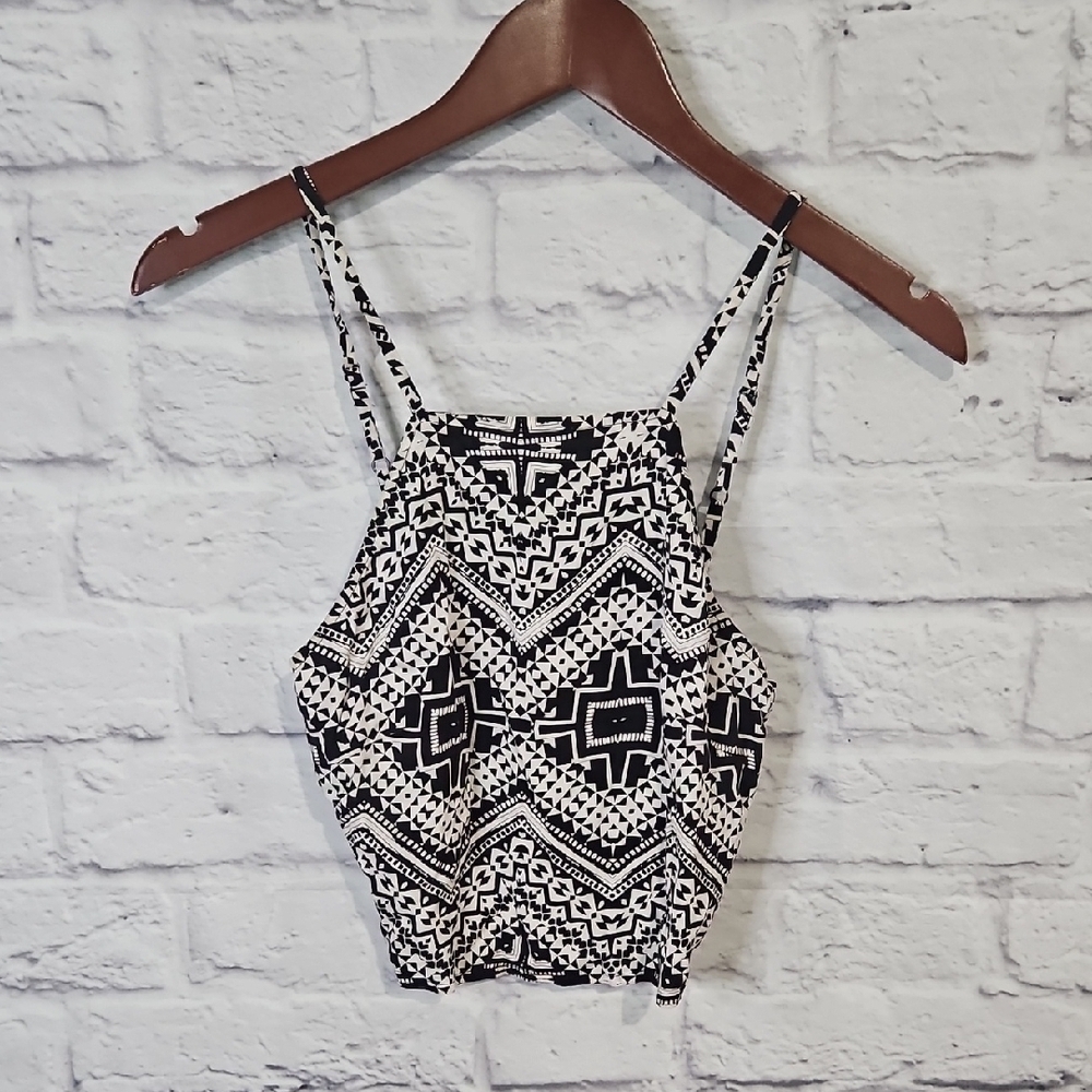 Express Black and White Graphic Fitted Open Back Crop Tank
